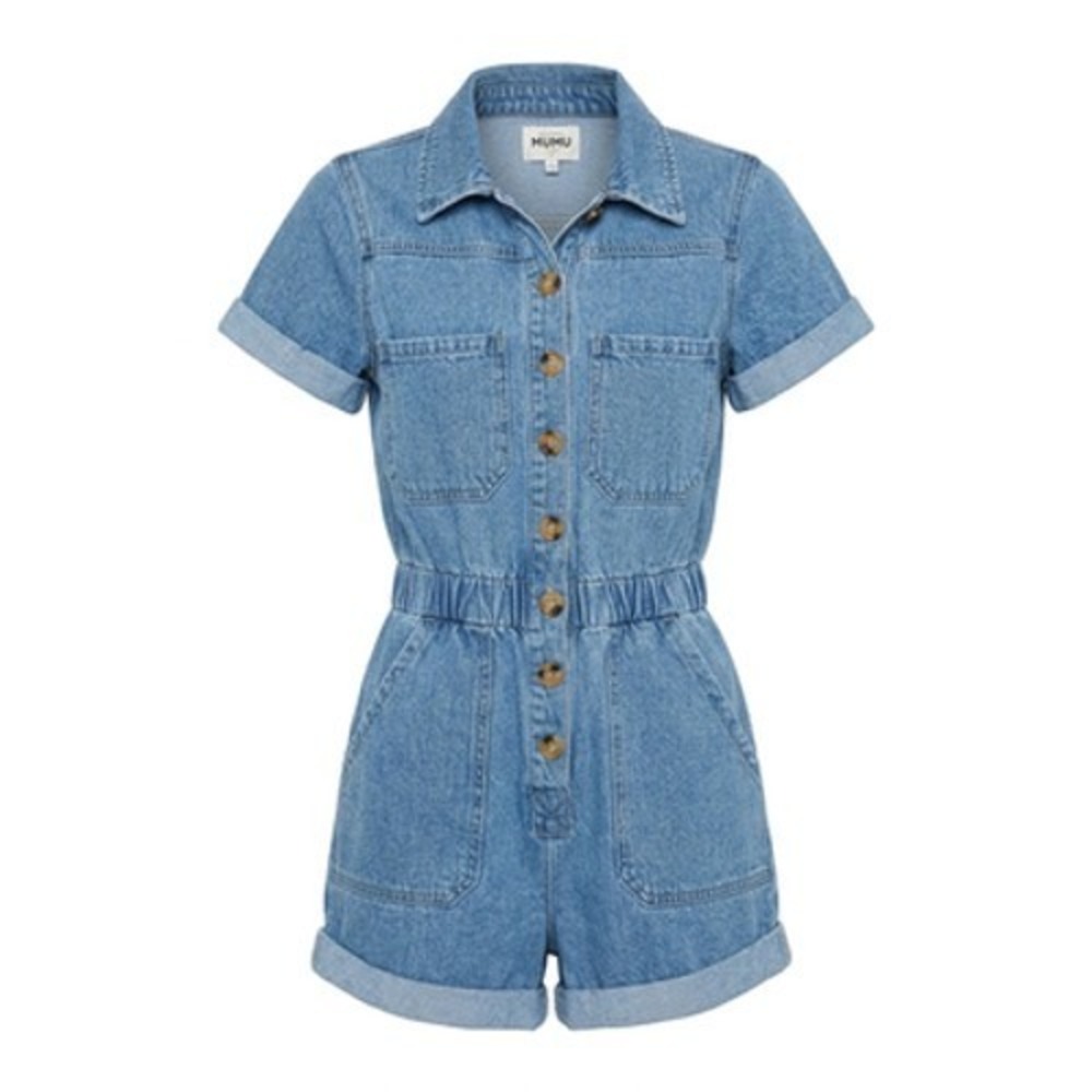 Show Me Your Mumu Romper Women S Blue Denim Short Sleeve Button Elastic Waist